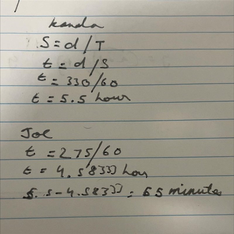 Ex 10: Kamala drove 330 miles at 60 miles per hour. Joe drove 275 miles at 60 miles-example-1