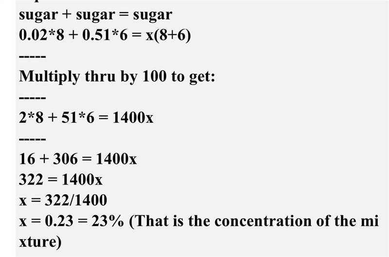 a sugar solution was made by mixing 8 gal of a 11% sugar solution and 4 gal of a 89% sugar-example-1