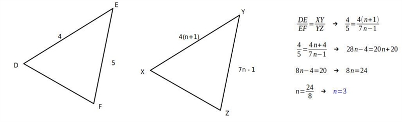 Find the value of n that makes DEF~XYZ-example-1