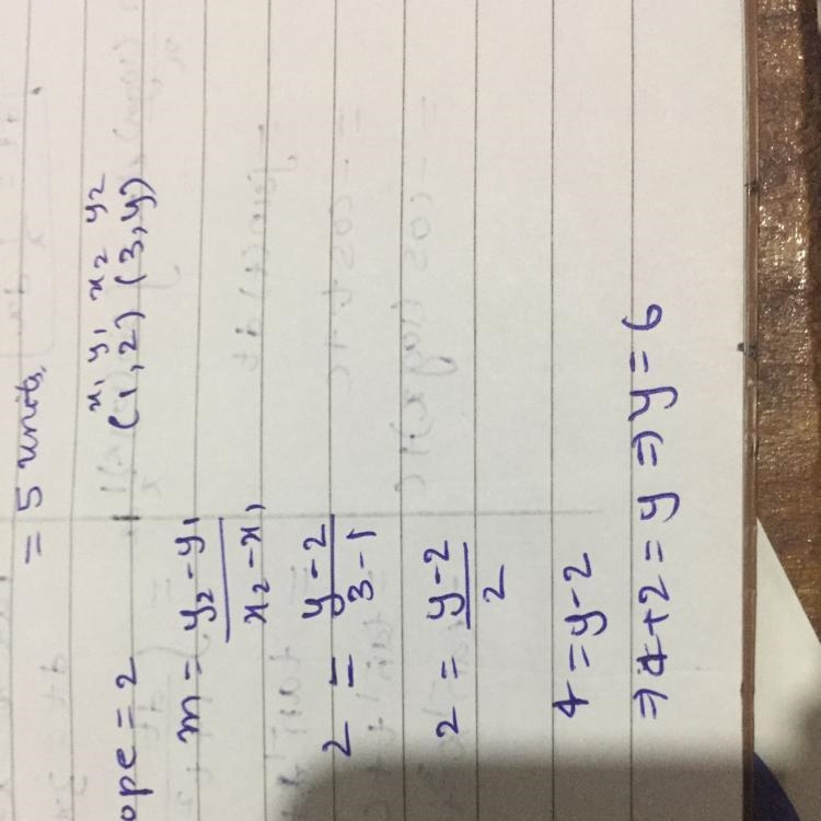 A line has a slope of 2. It passes through the points (1, 2) and (3, y) . What is-example-1