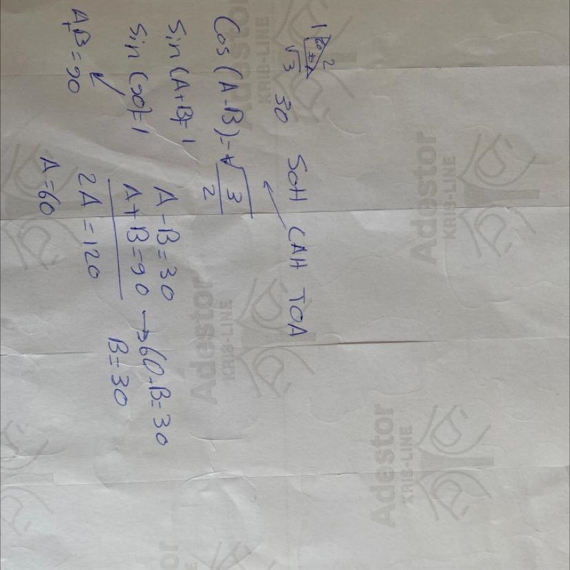 Find A and B if Cos(A - B) = (sqrt(3))/2 ; Sin(A + B) = 1​-example-1