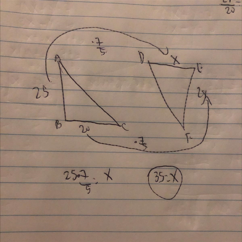 If ΔABC ~ ΔDEF , find the value of x .-example-1