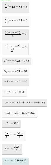 Solve for x. 3/4 (-4.2 - x) = 5-example-1