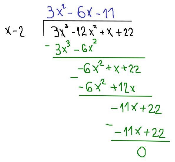 Divide using polynomial long division.(3x^3 - 12x^2+ x + 22) : (x - 2)-example-1