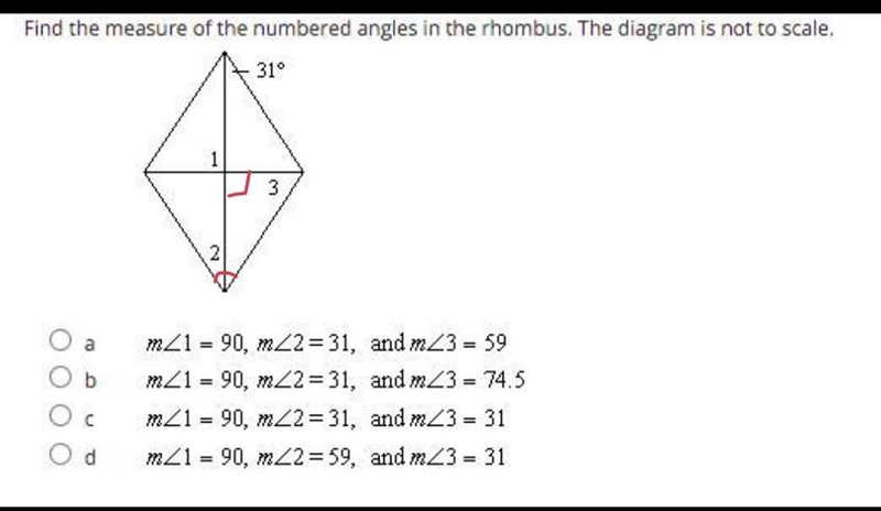 Find the measure of the numbered angles in the rhombus. The diagram is not to scale-example-1