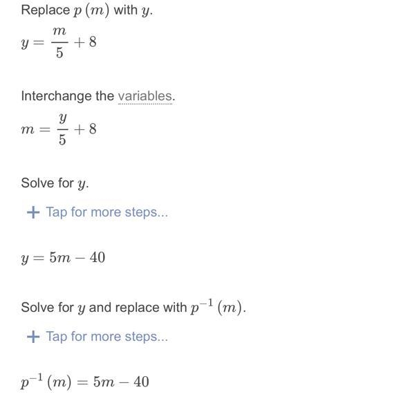 What is the inverse of p(m) = m/5 + 8-example-1