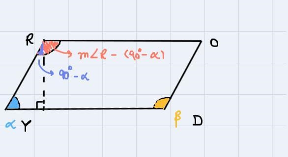 In parallelogram RODY, angle R = (7x + 22) and angle O = ( 9x – 2 ) . What is the-example-2