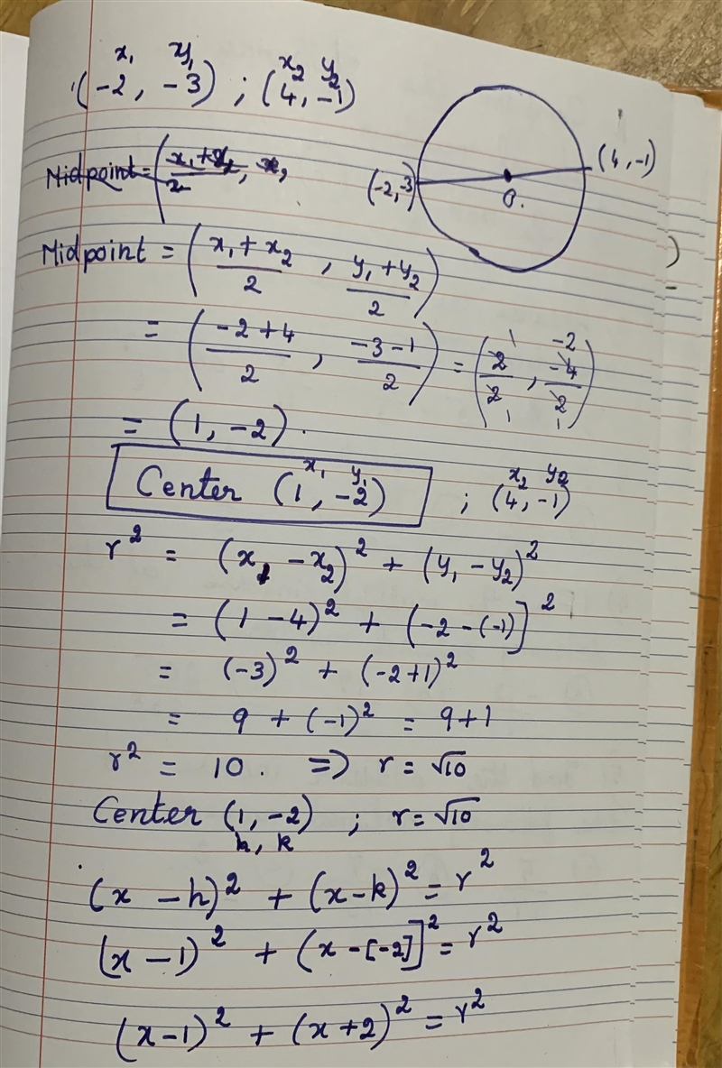 HELP 9) The endpoints of the diameter of a circle are (-2, -3) and (4, -1). Which-example-1