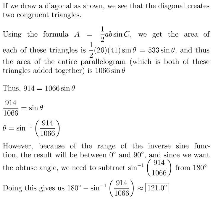 The area of a parallelogram is 914, and the lengths of its sides are 41 and 26. determine-example-1