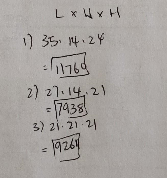 Calculate the volume of each of the following prisms. 1) length = 35 width = 14 height-example-1