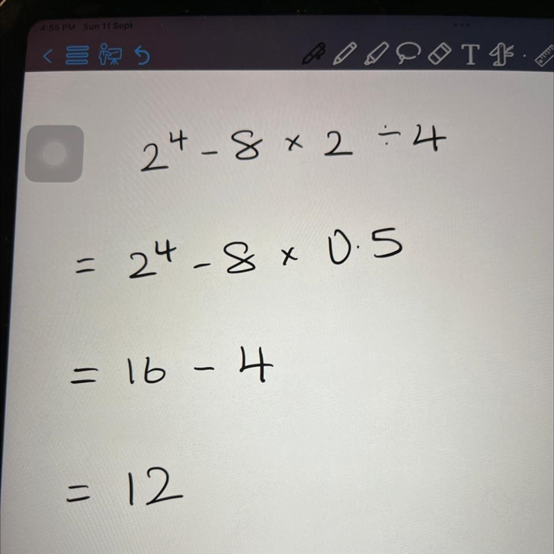 Apply the order of operations to simplify each expression 4.24-8×2÷4= A0 B12 C16 D-example-1