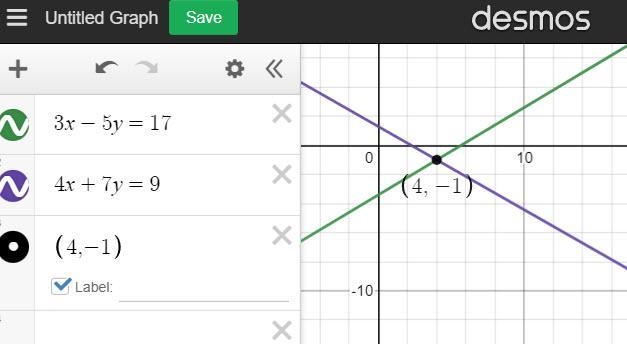 3х — 5y = 17 4х + 7y = 9 О (4, 1) (4, -1) (74,-41) (74, 41)-example-1