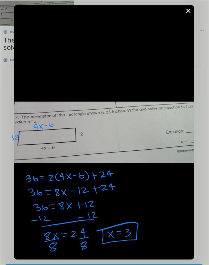 The perimeter of thr rectangle shown is 36 inches. Write and solve an equation to-example-1