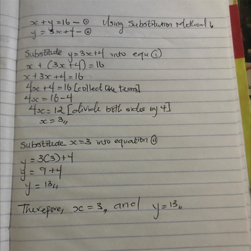 Find the solution to the following system by substitution. x + y = 16 y= 3x + 4 A-example-1