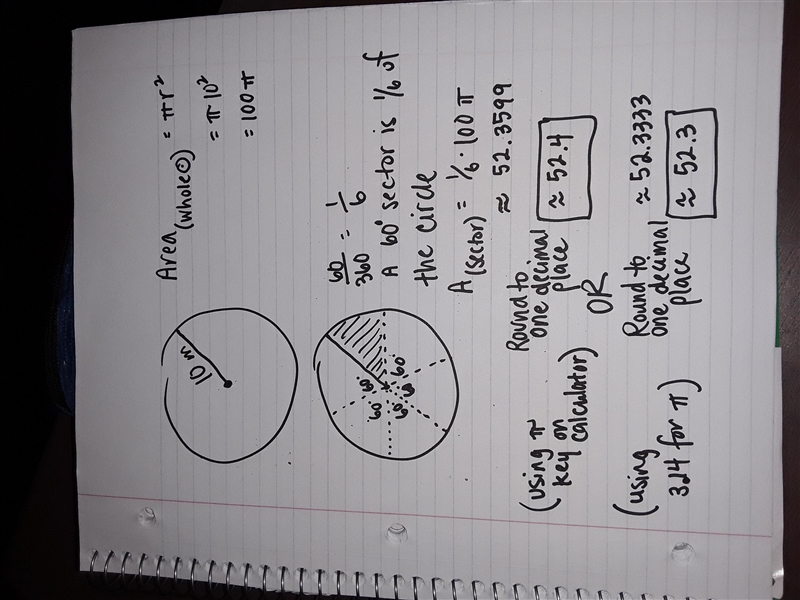 Given a circle of radius = 10 m, find the area of a 60 degree sector. Please round-example-1