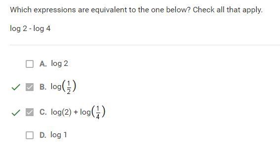 Which expressions are equivalent to the one below? Check all that apply. log 2 - log-example-1