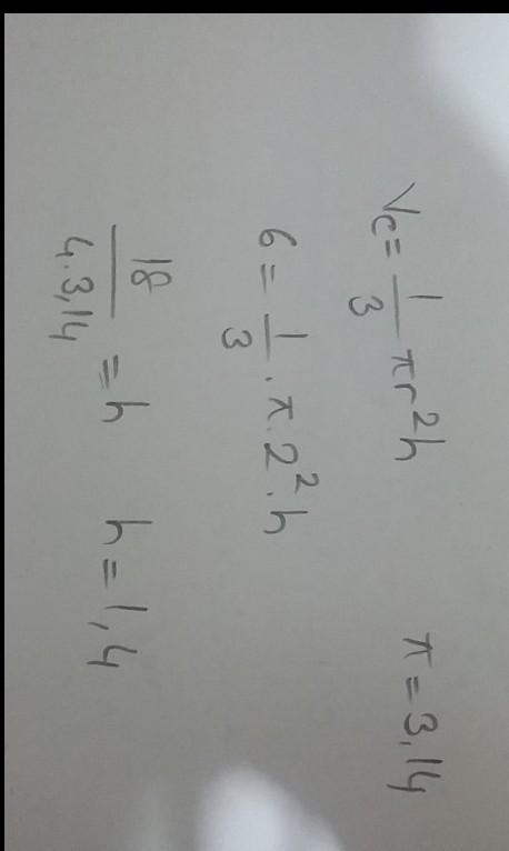 Help ASAP What is the height of a cone with a radius of 2 inches and volume of 6 cubic-example-1