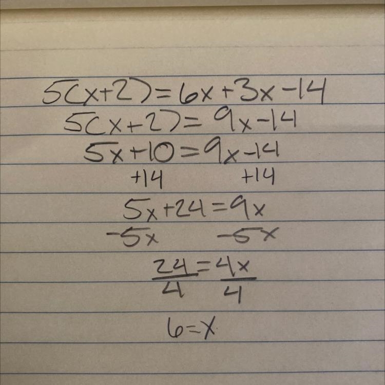 Solve the equation 5(x + 2) = 6x + 3x − 14, and show your work. (5 points)-example-1