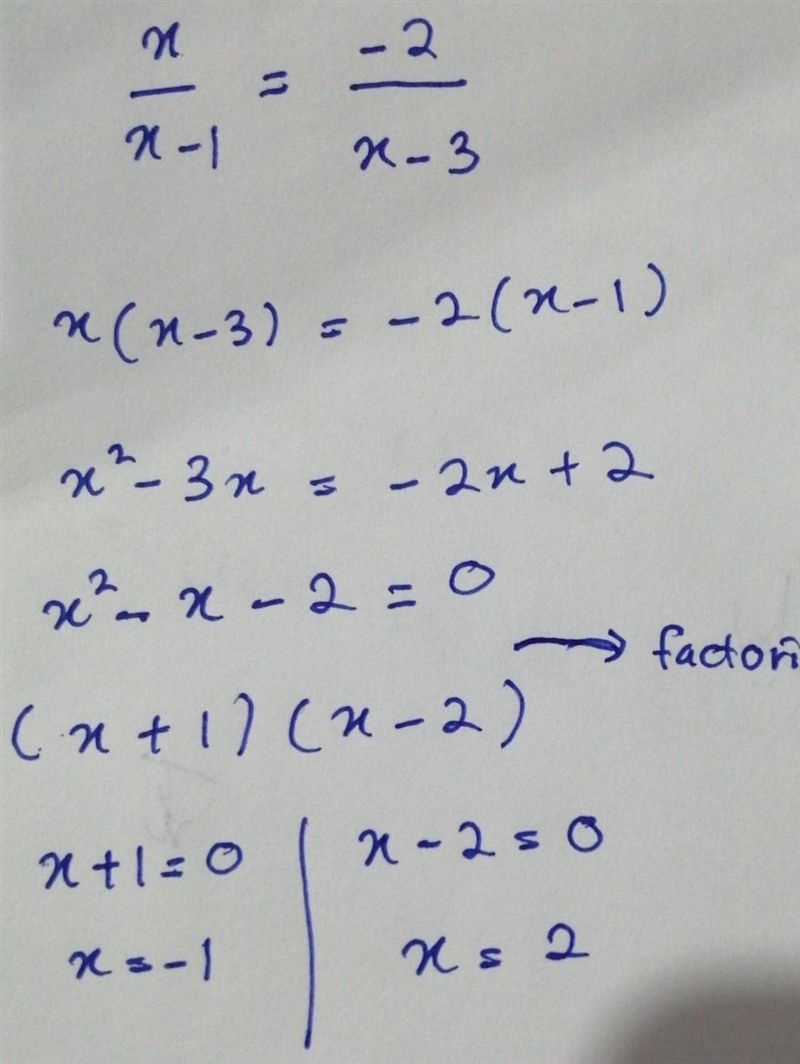 Find all solutions to the equation. (x) / (x-1) = -[(2) / (x-3)] I attached my work-example-1