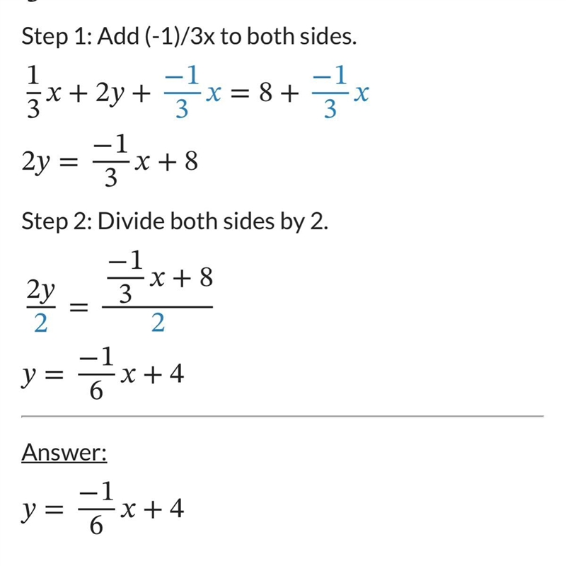 Solve for y : 1/3x + 2y = 8-example-1