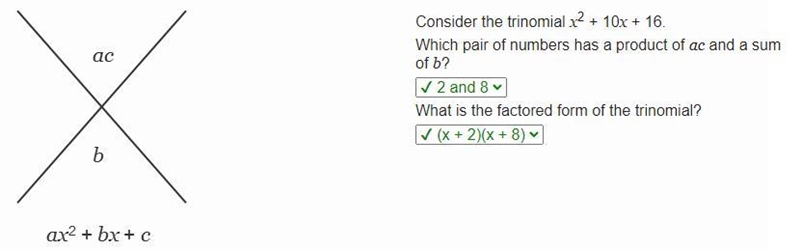 Consider the trinomial x2 + 10x + 16. Which pair of numbers has a product of ac and-example-1