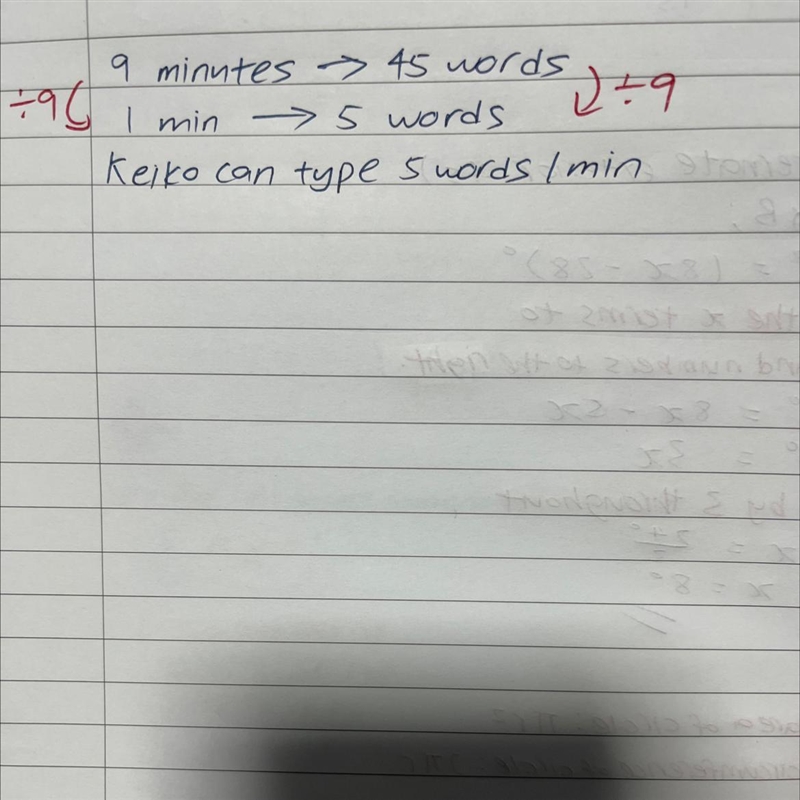 In 9 minutes, Keiko can type 45 words. What is her rate in words per minute?-example-1