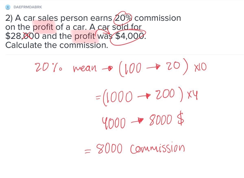 2) A car sales person earns 20% commission on the profit of a car. A car sold for-example-1