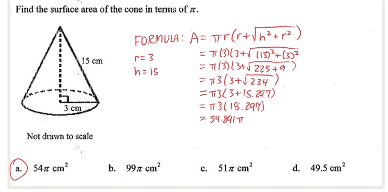 Find the surface area of the cone in terms of pi. 15cm 3cm-example-1