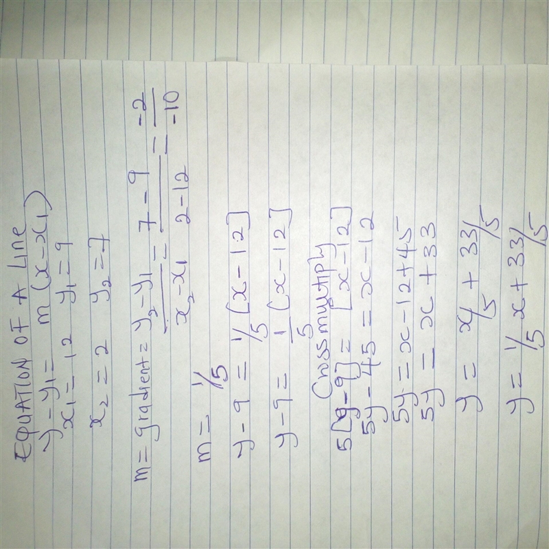 Find the equation of the line that passes through the points (12, 9) and (2,7) ​-example-1