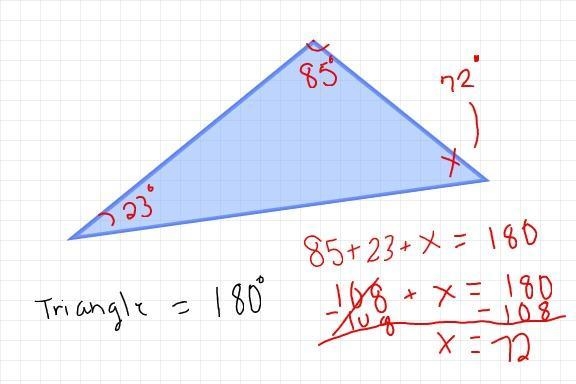 3. A triangle has two angles that measure 85° and 23°. Which has to be the measure-example-1