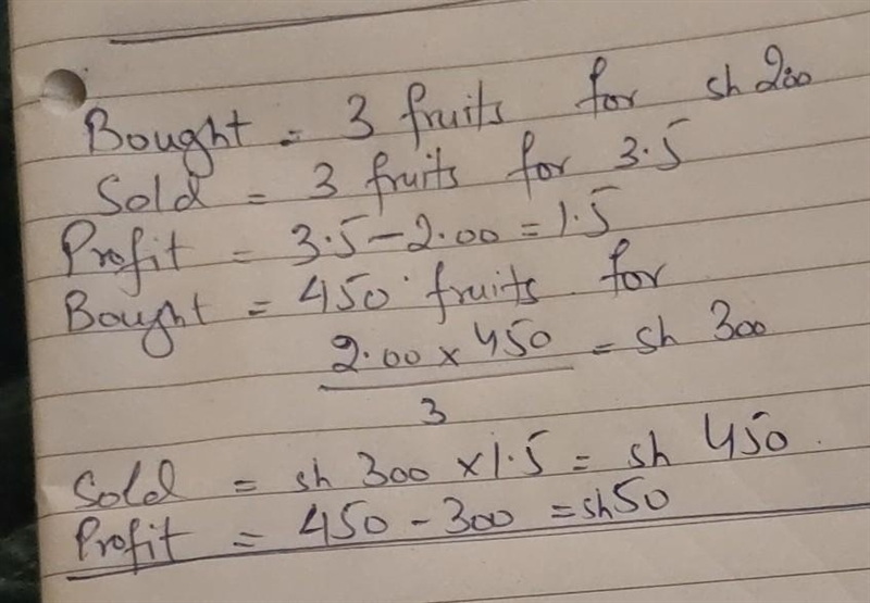 Wanja bought fruits which were being sold at 3 fruits for sh 2.00. She then sold them-example-1