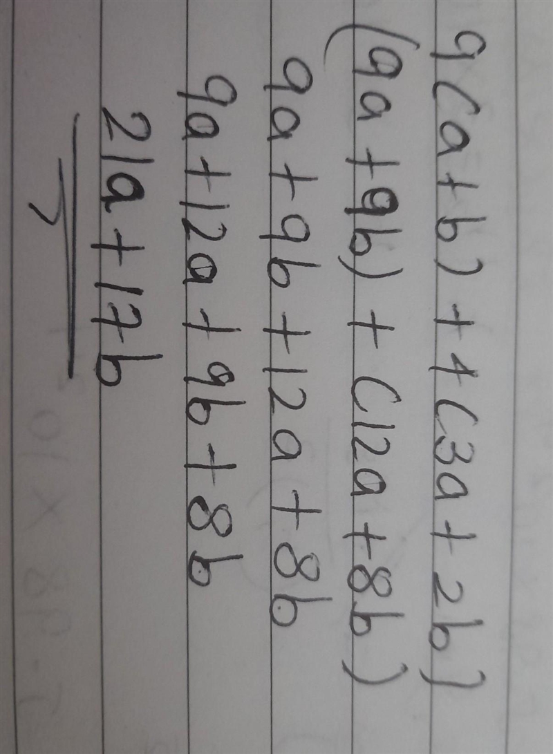 Simplify: 9(a + b) + 4(3a + 2b)-example-1