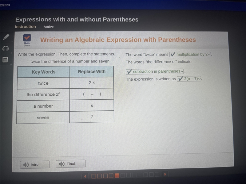 Write the expression. Then, complete the statements. twice the difference of a number-example-1