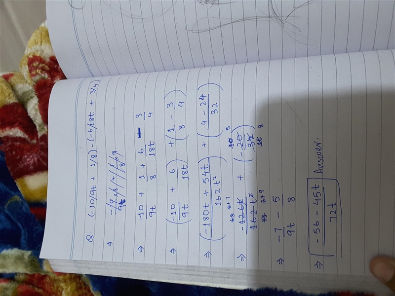 Witch expression is equivalent to (-10/9t+1/8)-(-6/18t+3/4) (I NEED THIS FAST!)-example-1