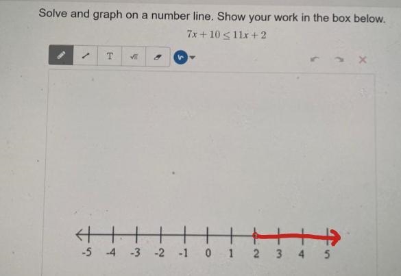 Solve and graph on a number line. Show your work in the box below. 7x + 10 < 11x-example-1