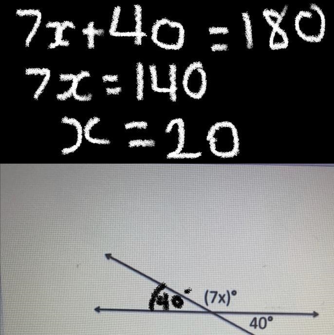 What is the value of x? (7x)° 40°-example-1