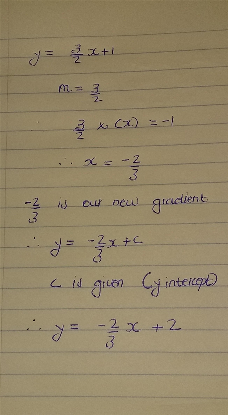 Find an equation perpendicular to y = (3/₂)x+ 1 and has a y- intercept of 2.-example-1