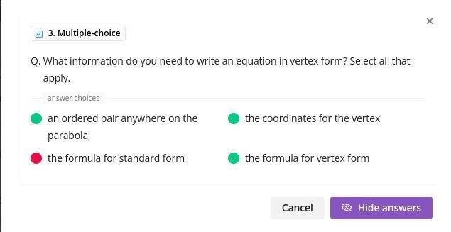 What information do you need to write an equation in vertex form? Select all that-example-1