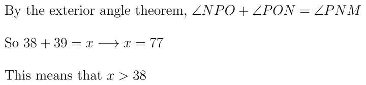 Triangle N P O is shown. Line O N extends through point M to form exterior angle P-example-1