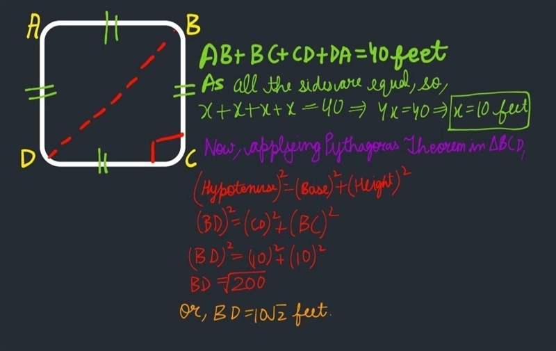 A square has a perimeter of 40 feet. Find the length of the diagonal of the square-example-1