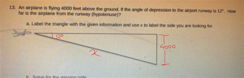 An airplane flying 4000 feet above the ground. if the angle of depression to the airport-example-1