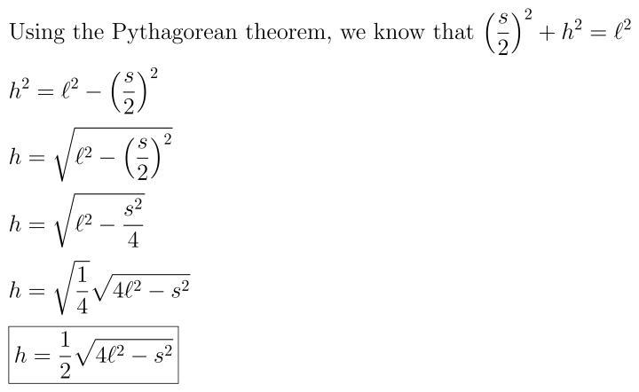 Which of the following formulas expresses h in terms of l and​ s? (choices shown in-example-1