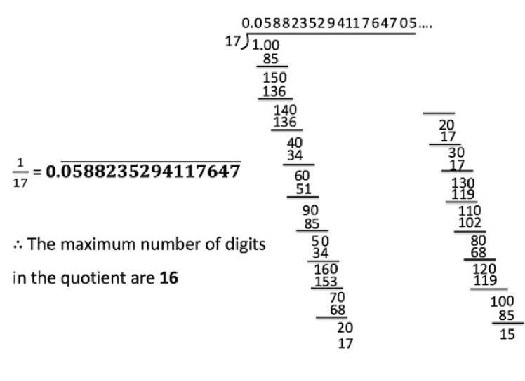 1/17의 십진법 확장에서 반복되는 자릿수 블록의 최대 자릿수는 얼마입니까? 나눗셈을 하여 답을 확인하세요. what can the maximum-example-1