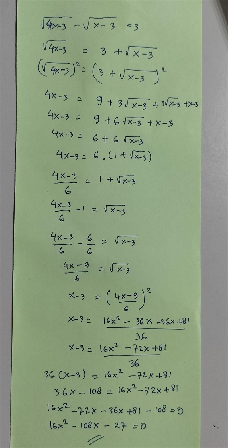 Solve the equation. 4x−3−−−−−√−x−3−−−−−√=3-example-1