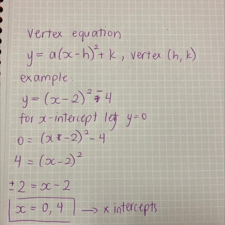 Quadratics Give an example of an x-intercept from a vertex form equation.-example-1