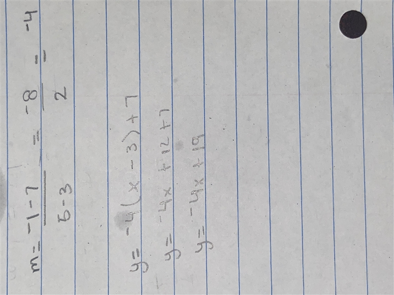 . Find the equation of the line passing through the points (3, 7) and (5, -1). Your-example-1