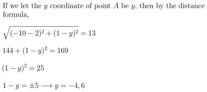 Point B has coordinates (2,1). The x-coordinate of point Ais - 10. The distance between-example-1