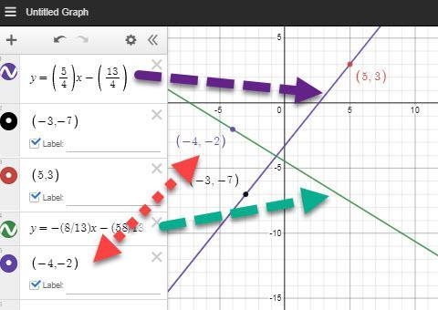 Given: line 1 passes through (-3, -7) and (5,3) Line 2 passes through (-4, -2) and-example-1