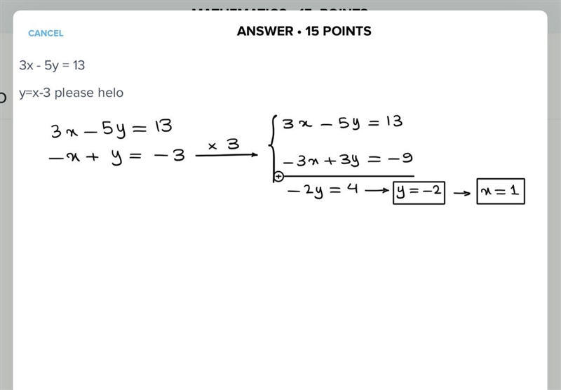 3x - 5y = 13 y=x-3 please helo-example-1