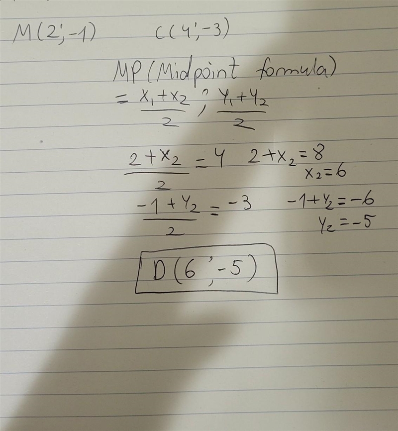 Point M (2,-1) is the midpoint of CD. If C is (4, -3), find the coordinates of D.-example-1